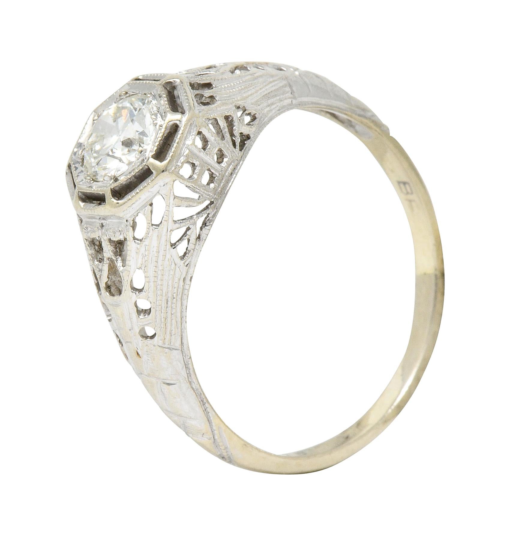 Art Deco 0.61 Carat Diamond 18 Karat White Gold Filigree Engagement Ring 3