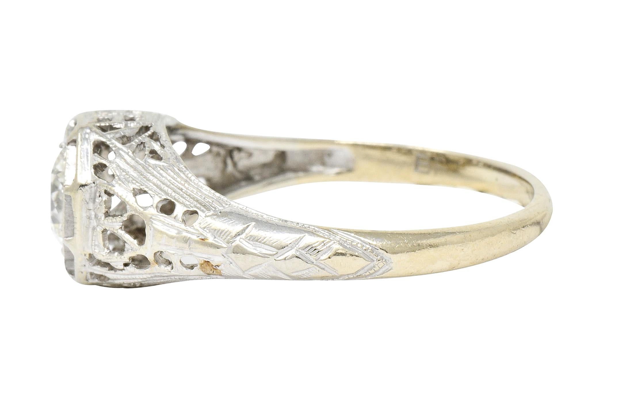 Old European Cut Art Deco 0.61 Carat Diamond 18 Karat White Gold Filigree Engagement Ring