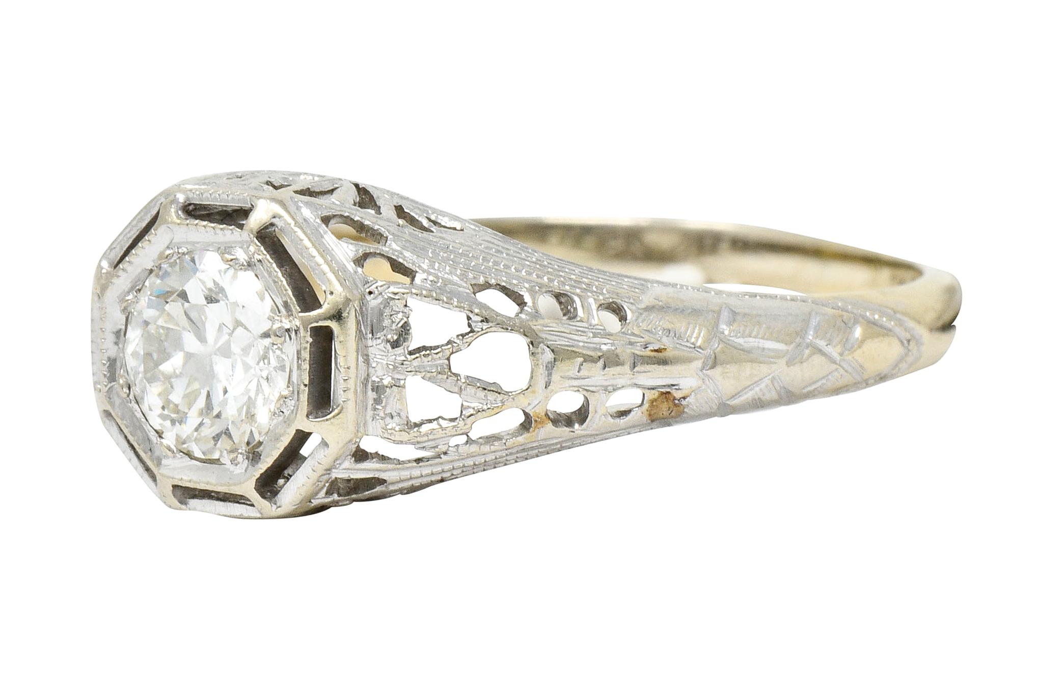Art Deco 0.61 Carat Diamond 18 Karat White Gold Filigree Engagement Ring In Good Condition In Philadelphia, PA