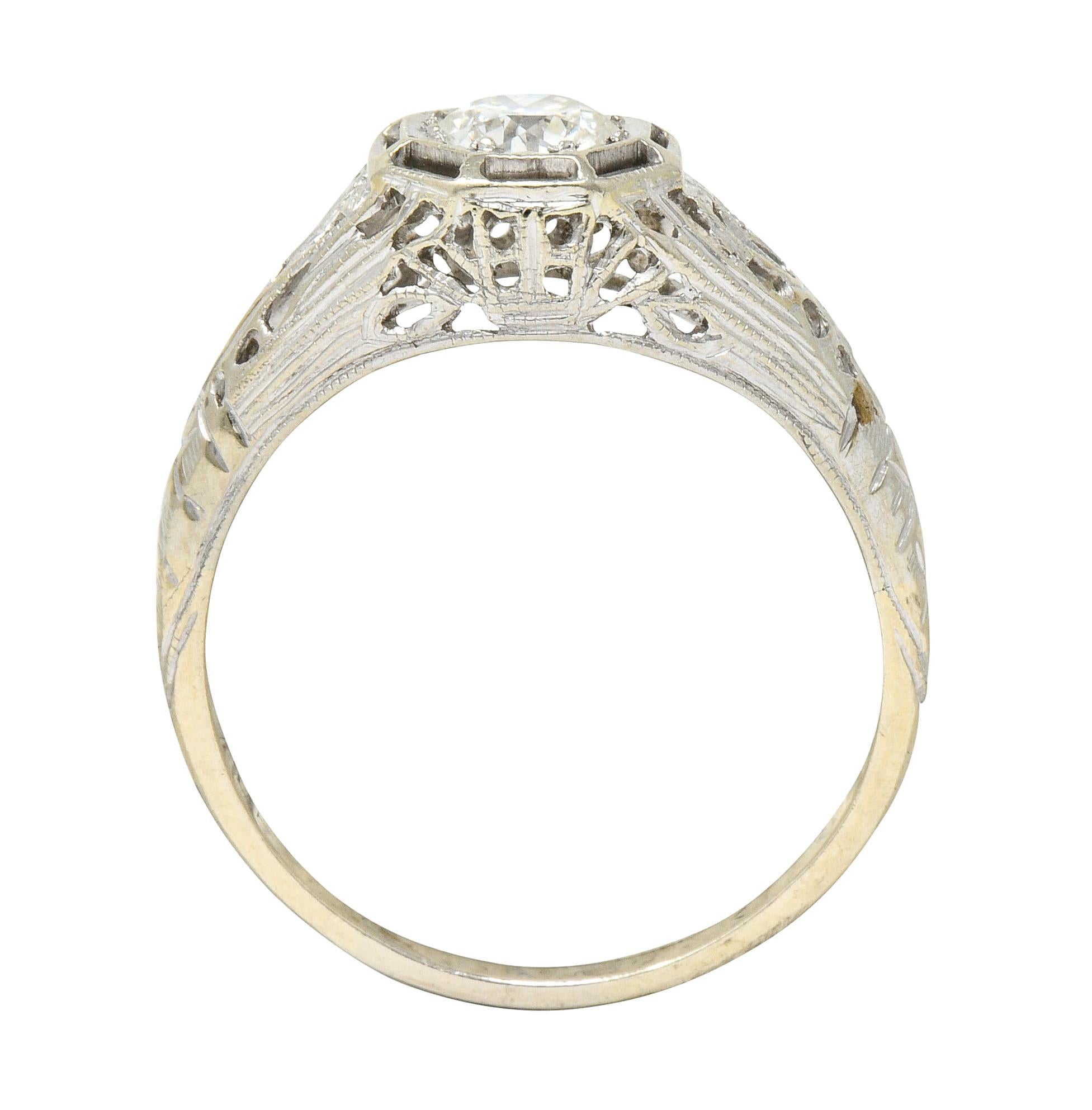 Art Deco 0.61 Carat Diamond 18 Karat White Gold Filigree Engagement Ring 1