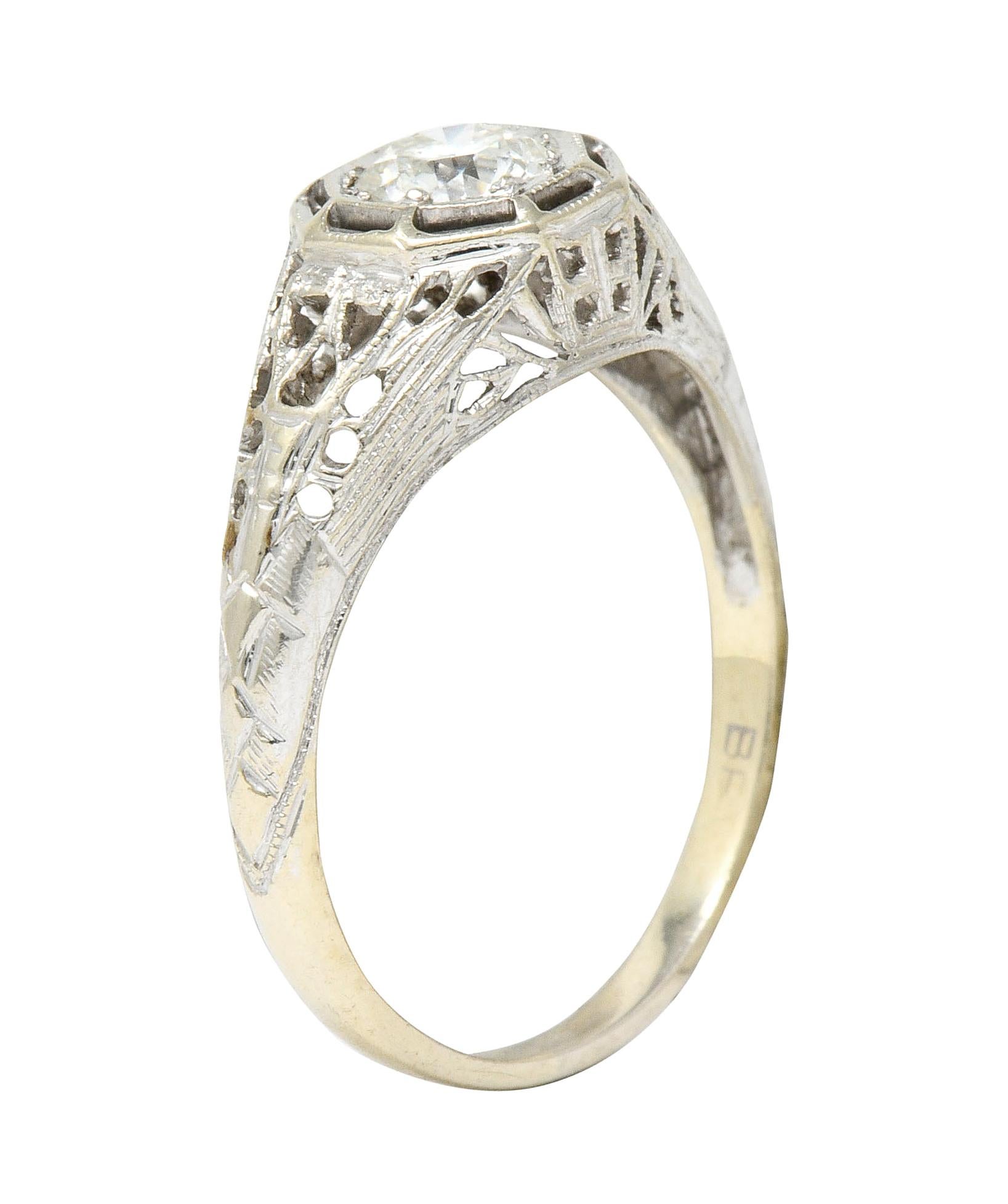 Art Deco 0.61 Carat Diamond 18 Karat White Gold Filigree Engagement Ring 2