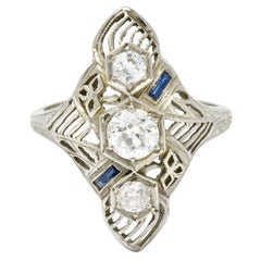 Art Deco 0.62 Carat Diamond Sapphire 18 Karat White Gold Dinner Ring