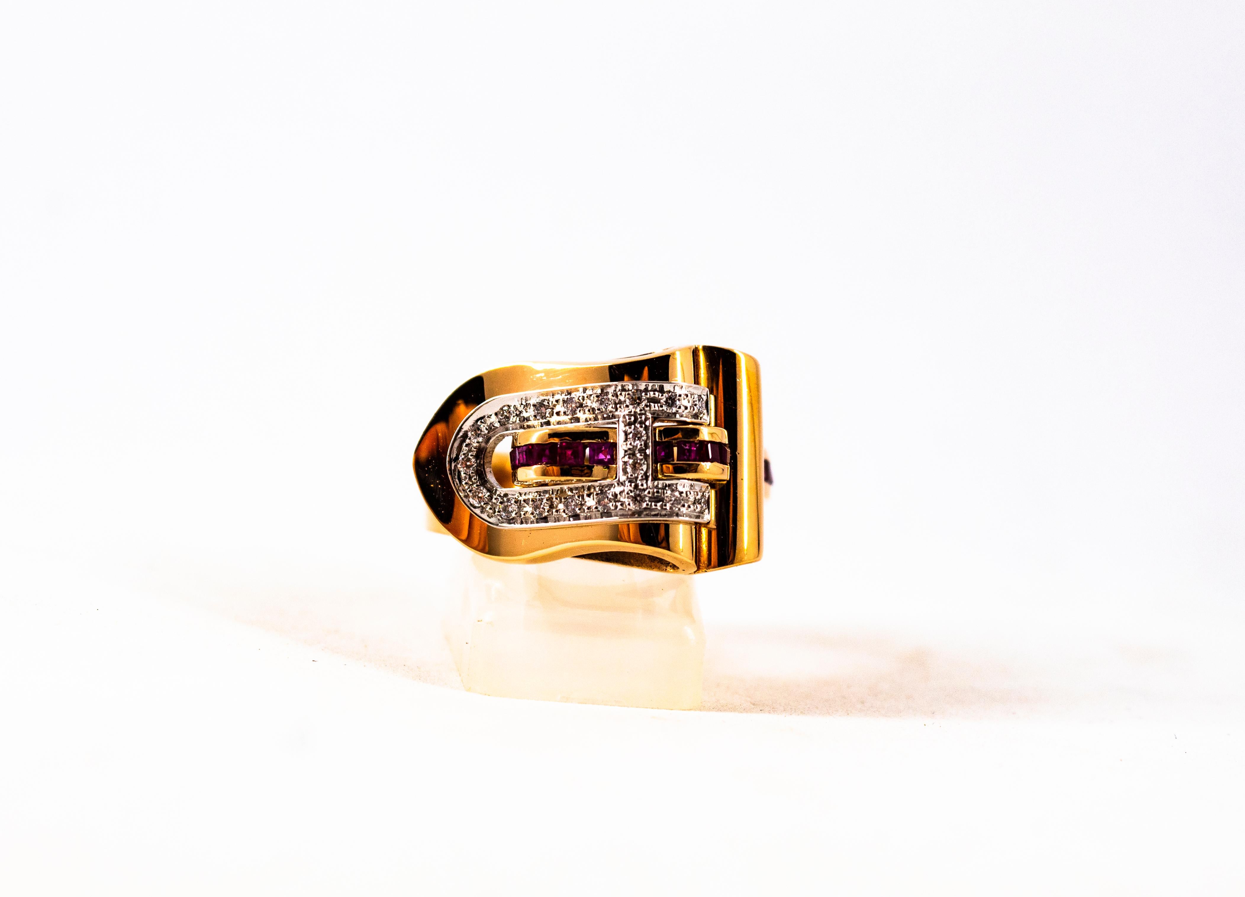 Art Deco Style 0.62 Carat White Diamonds Carré Cut Ruby Yellow Gold Ring For Sale 2