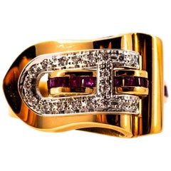 Retro Art Deco Style 0.62 Carat White Diamonds Carré Cut Ruby Yellow Gold Ring