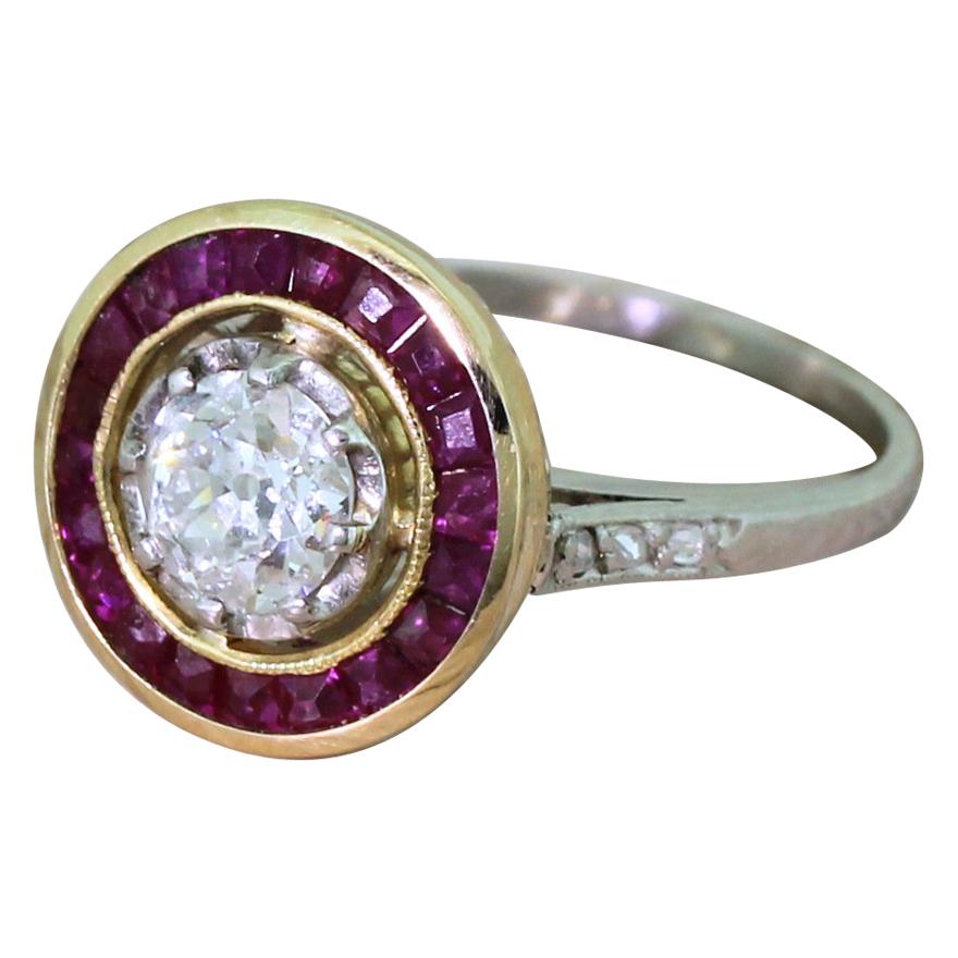 Art Deco 0.63 Carat Old Cut Diamond and Ruby Target Cluster Ring