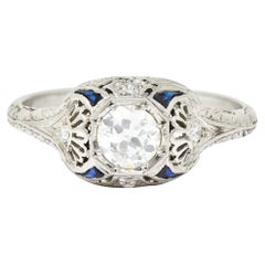 Art Deco 0.63 Carat Old European Cut Diamond Sapphire Platinum Engagement Ring