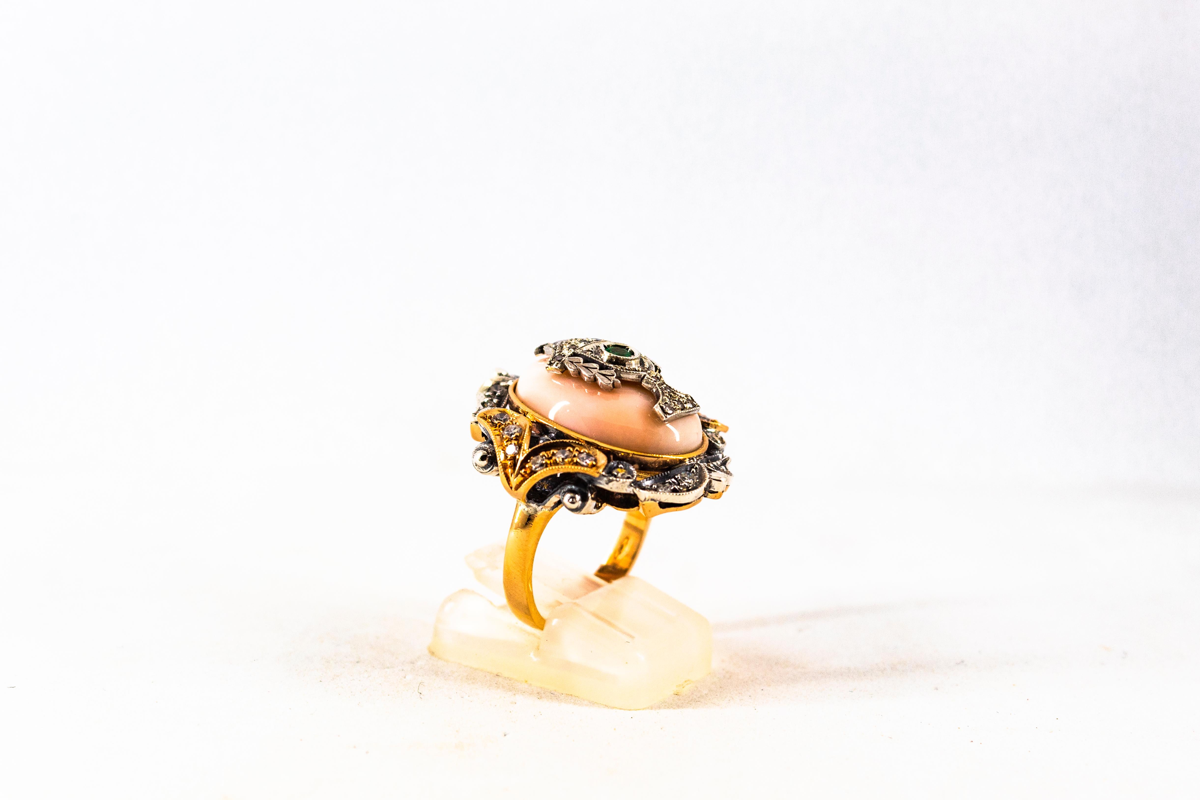 Art Deco Style 0.63 Carat White Diamond Emerald Pink Coral Cocktail Ring In New Condition In Naples, IT