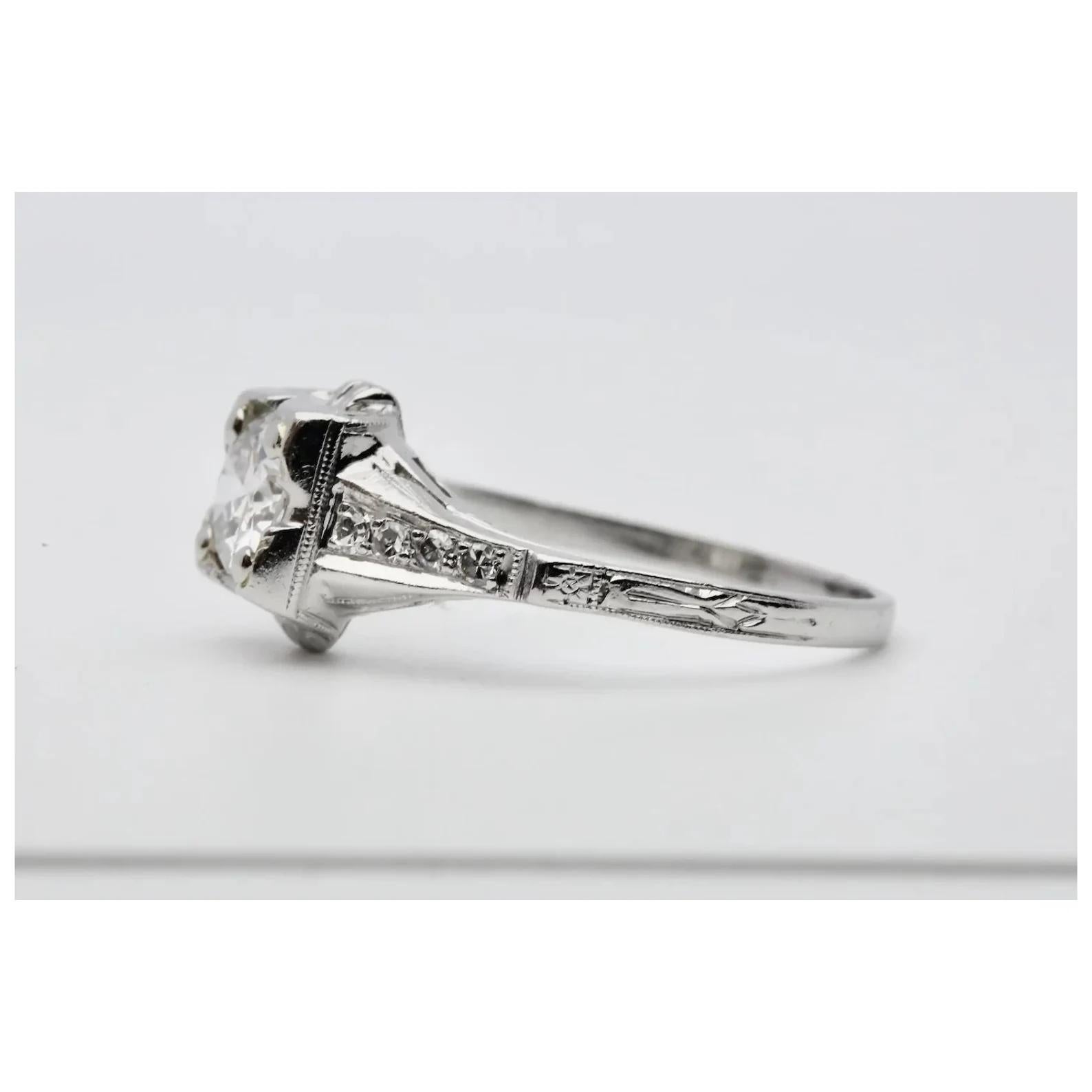 Old European Cut Art Deco 0.63CTW Diamond Hand Engraved Engagement Ring in Platinum For Sale
