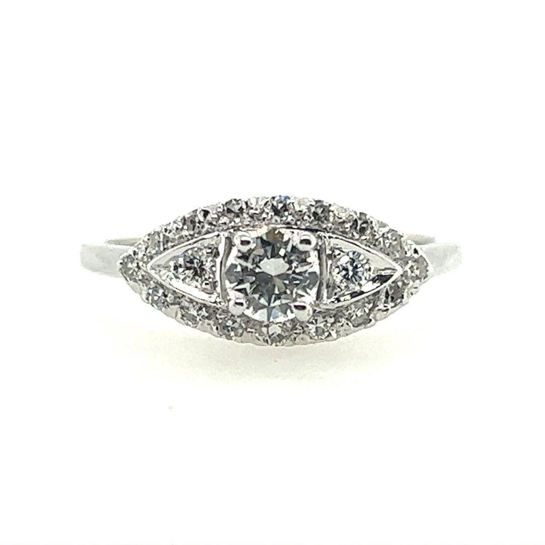 Round Cut Art Deco 0.65 Carat Natural Colorless Diamond Engagement Gold Ring Circa 1950 For Sale