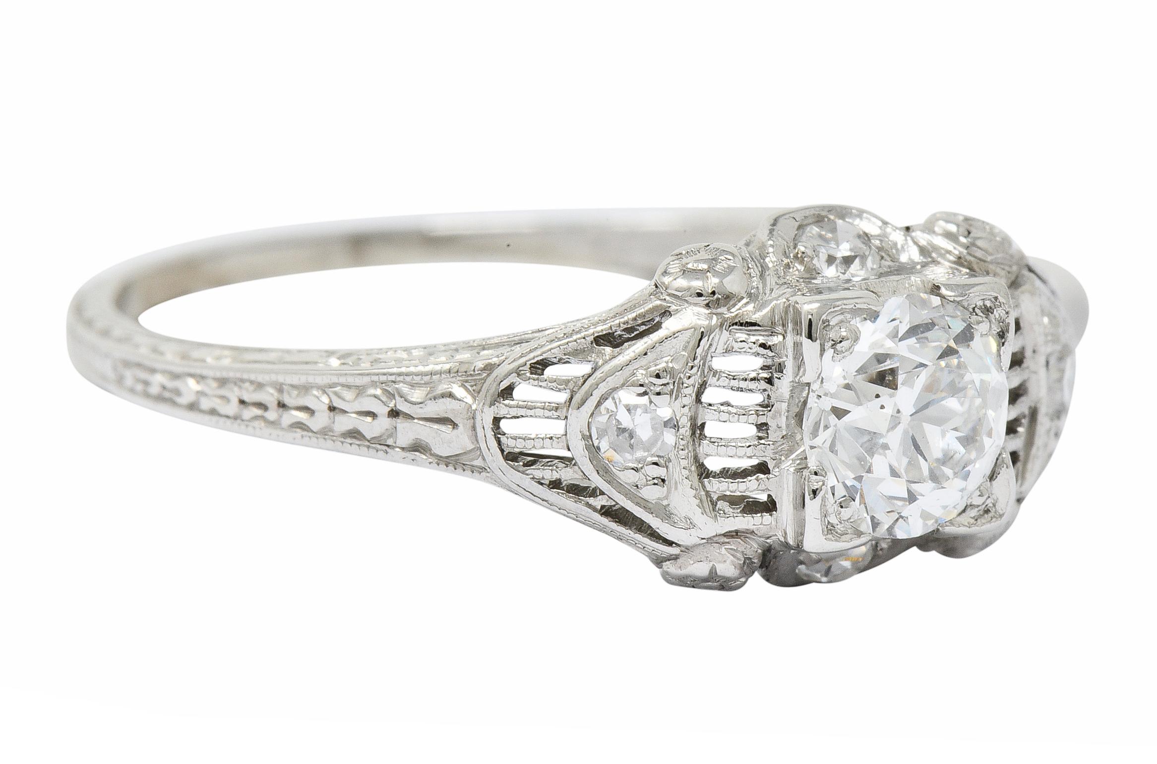 Art Deco 0.65 Carat Old European Cut Diamond Platinum Engagement Ring In Excellent Condition In Philadelphia, PA