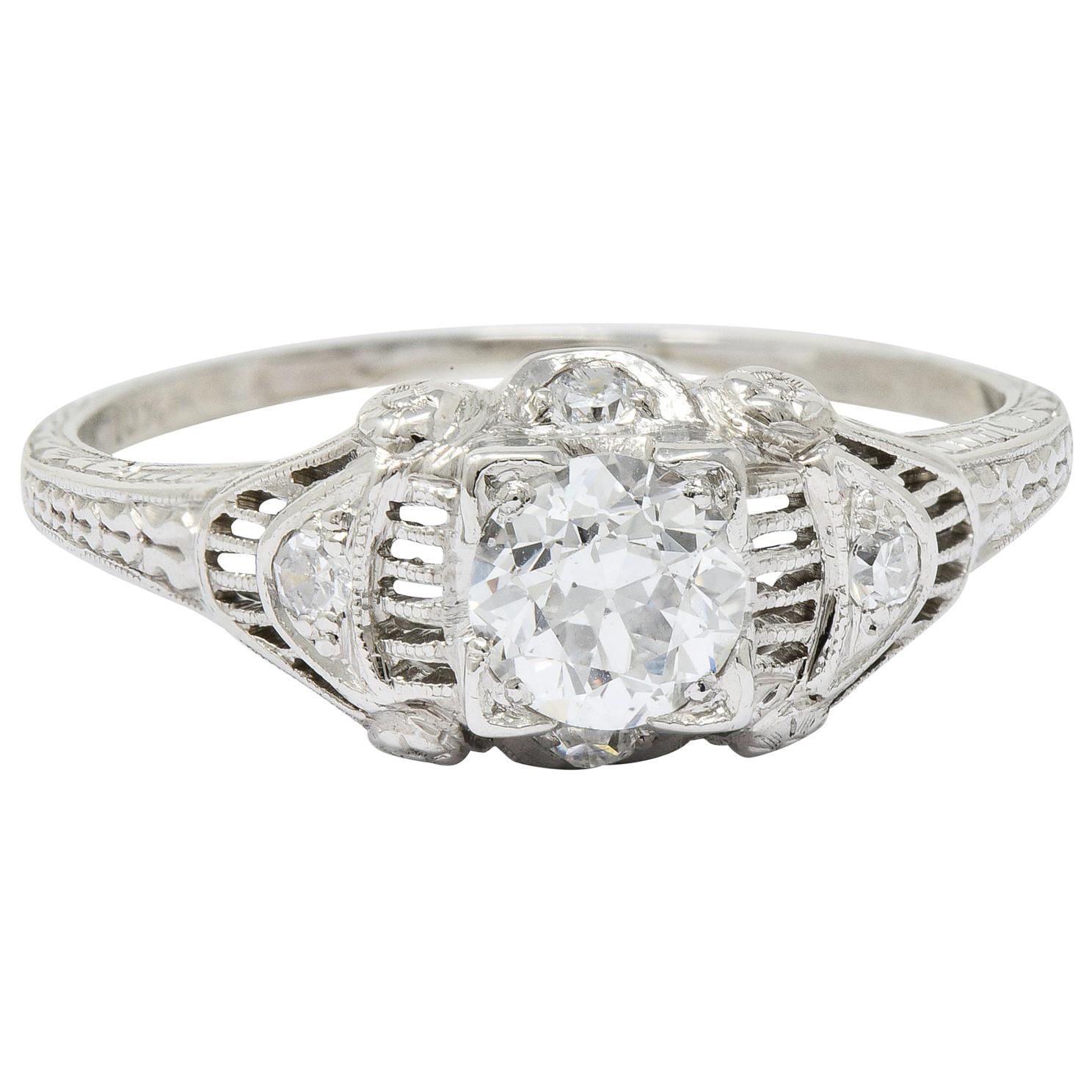 Art Deco 0.65 Carat Old European Cut Diamond Platinum Engagement Ring