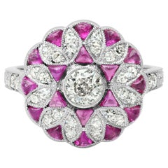 Art Deco Style 0.65 CT Diamond Cabochon Ruby 2.43 TCW Platinum Engagement Ring