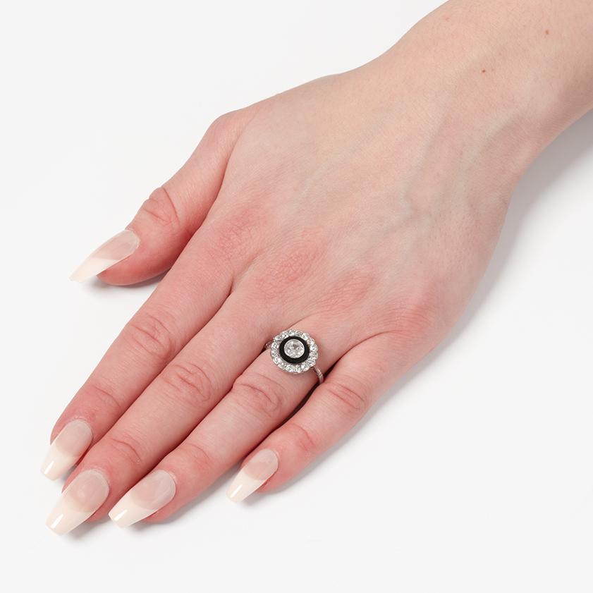 Women's Art Deco 0.65ct Diamond and Onyx Target Ring, c.1920s For Sale