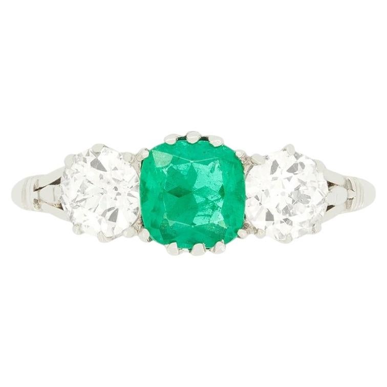 Art Deco 0.65ct Emerald and Diamond Three Stone Ring, c.1920s For Sale