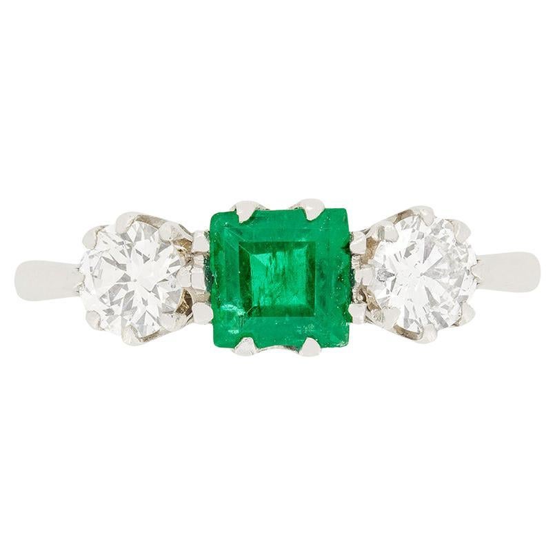Art Deco 0.65ct Emerald and Diamond Three Stone Ring, c.1930s
