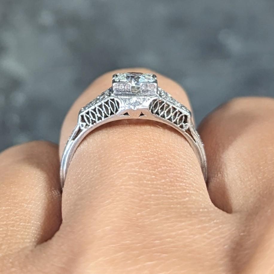 Art Deco 0.66 CTW Old European Cut Diamond Platinum Square Form Lattice Ring 7