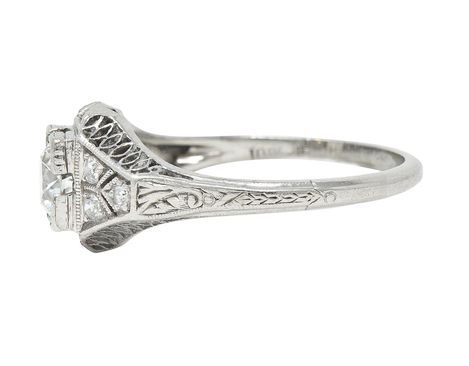 Women's or Men's Art Deco 0.66 CTW Old European Cut Diamond Platinum Square Form Lattice Ring For Sale