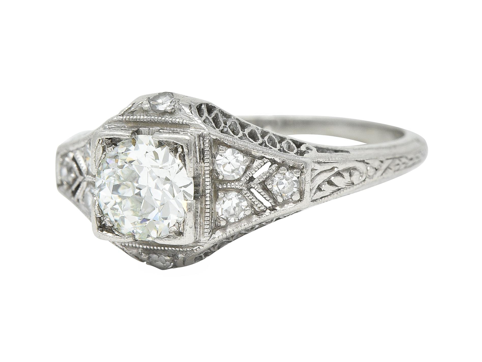 Art Deco 0.66 CTW Old European Cut Diamond Platinum Square Form Lattice Ring For Sale 1