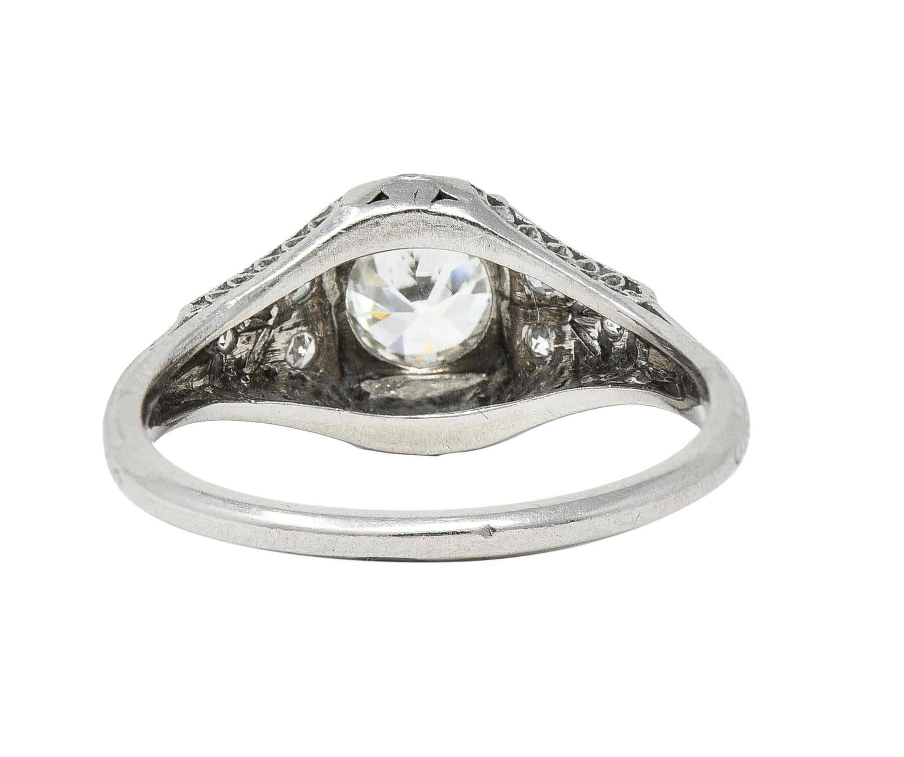 Art Deco 0.66 CTW Old European Cut Diamond Platinum Square Form Lattice Ring For Sale 2