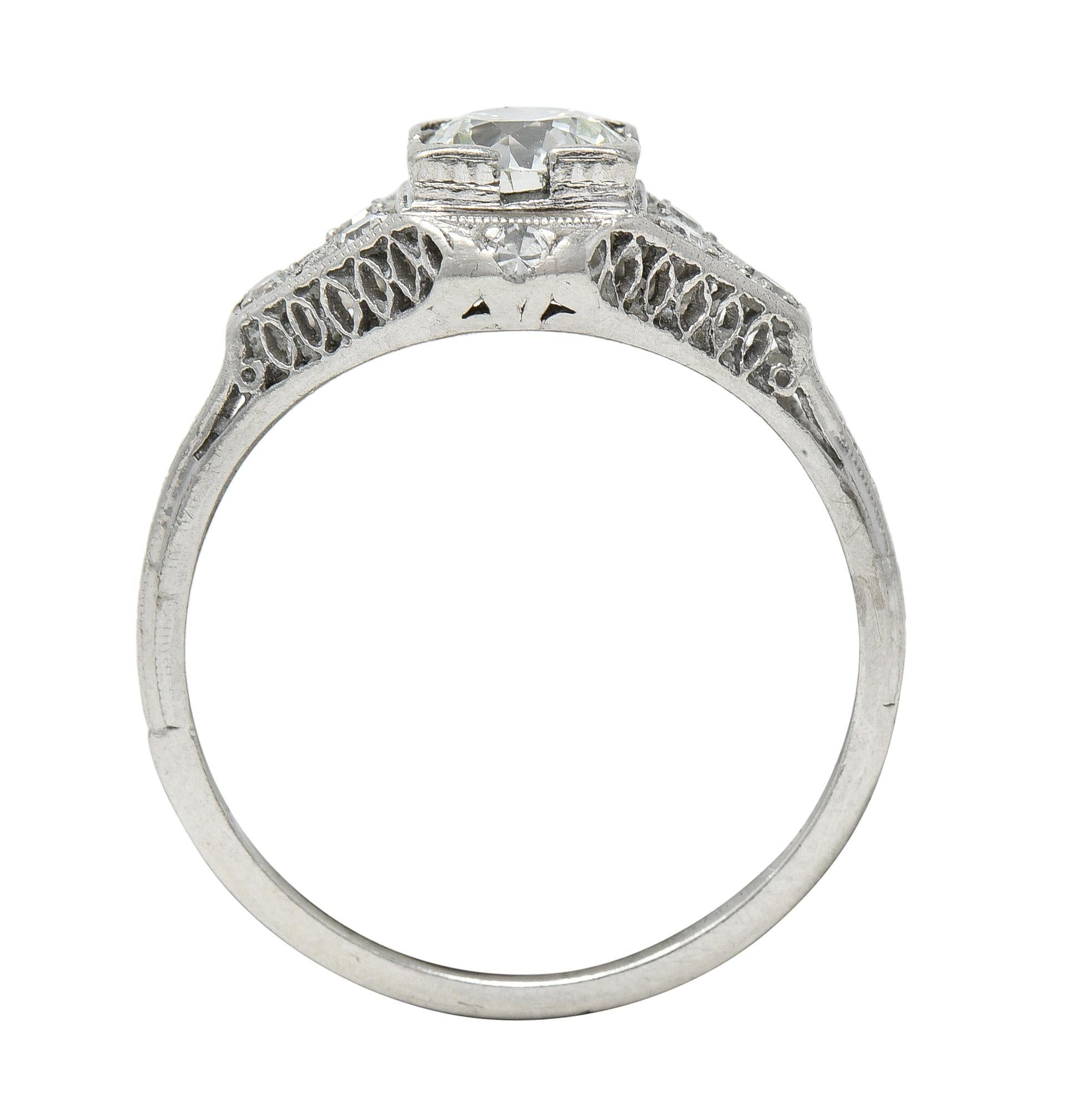 Art Deco 0.66 CTW Old European Cut Diamond Platinum Square Form Lattice Ring For Sale 3