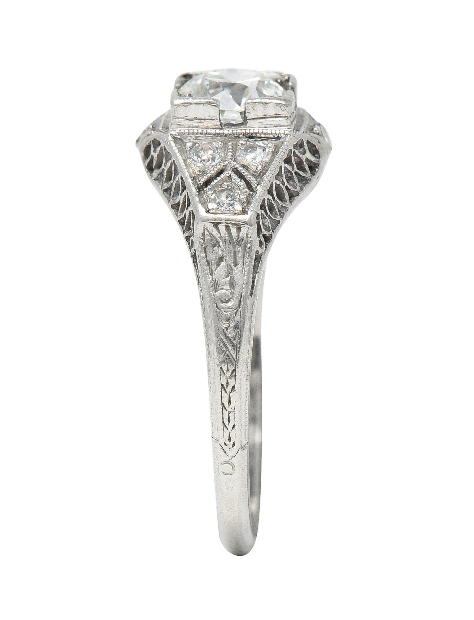 Art Deco 0.66 CTW Old European Cut Diamond Platinum Square Form Lattice Ring For Sale 4