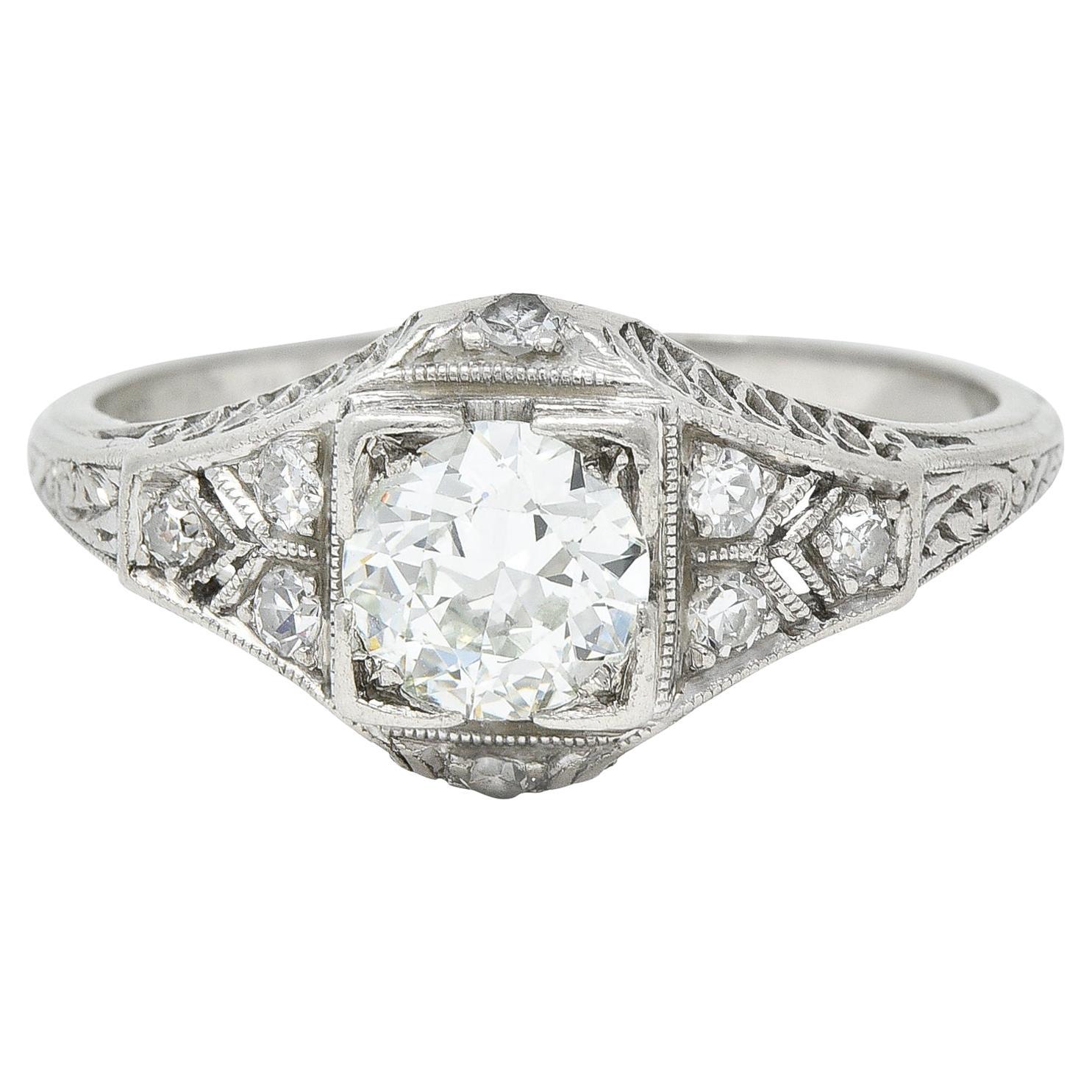 Art Deco 0.66 CTW Old European Cut Diamond Platinum Square Form Lattice Ring For Sale