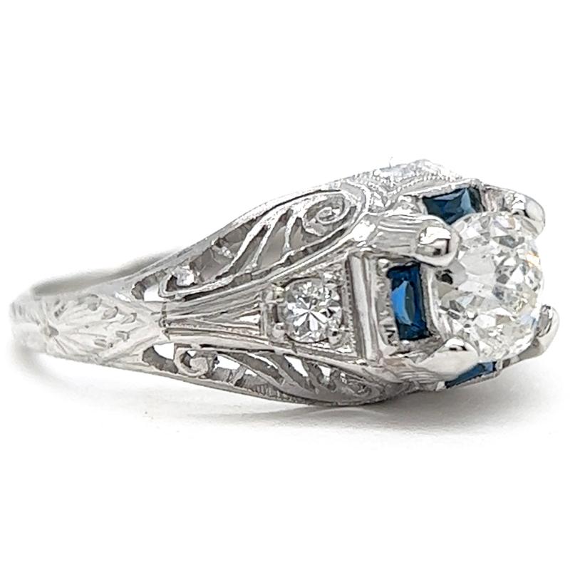 Art Deco 0.68 Carat Old Mine Cut Diamond Sapphire Platinum Filigree Ring 1
