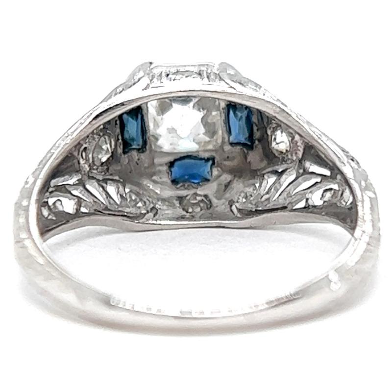 Art Deco 0.68 Carat Old Mine Cut Diamond Sapphire Platinum Filigree Ring 2