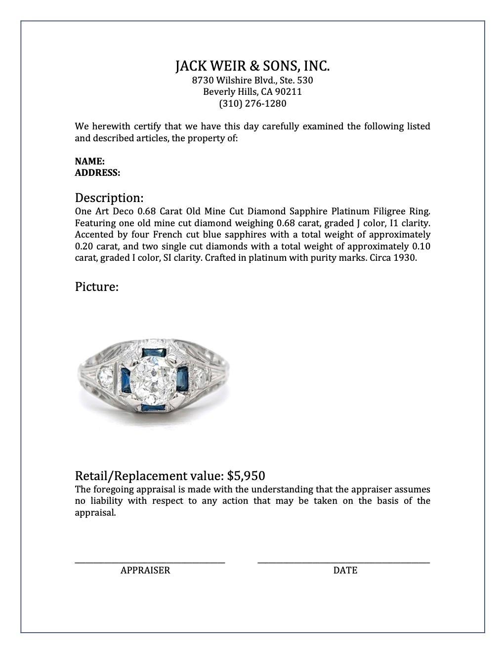 Art Deco 0.68 Carat Old Mine Cut Diamond Sapphire Platinum Filigree Ring 3