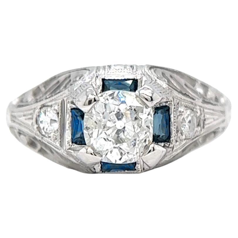 Art Deco 0.68 Carat Old Mine Cut Diamond Sapphire Platinum Filigree Ring