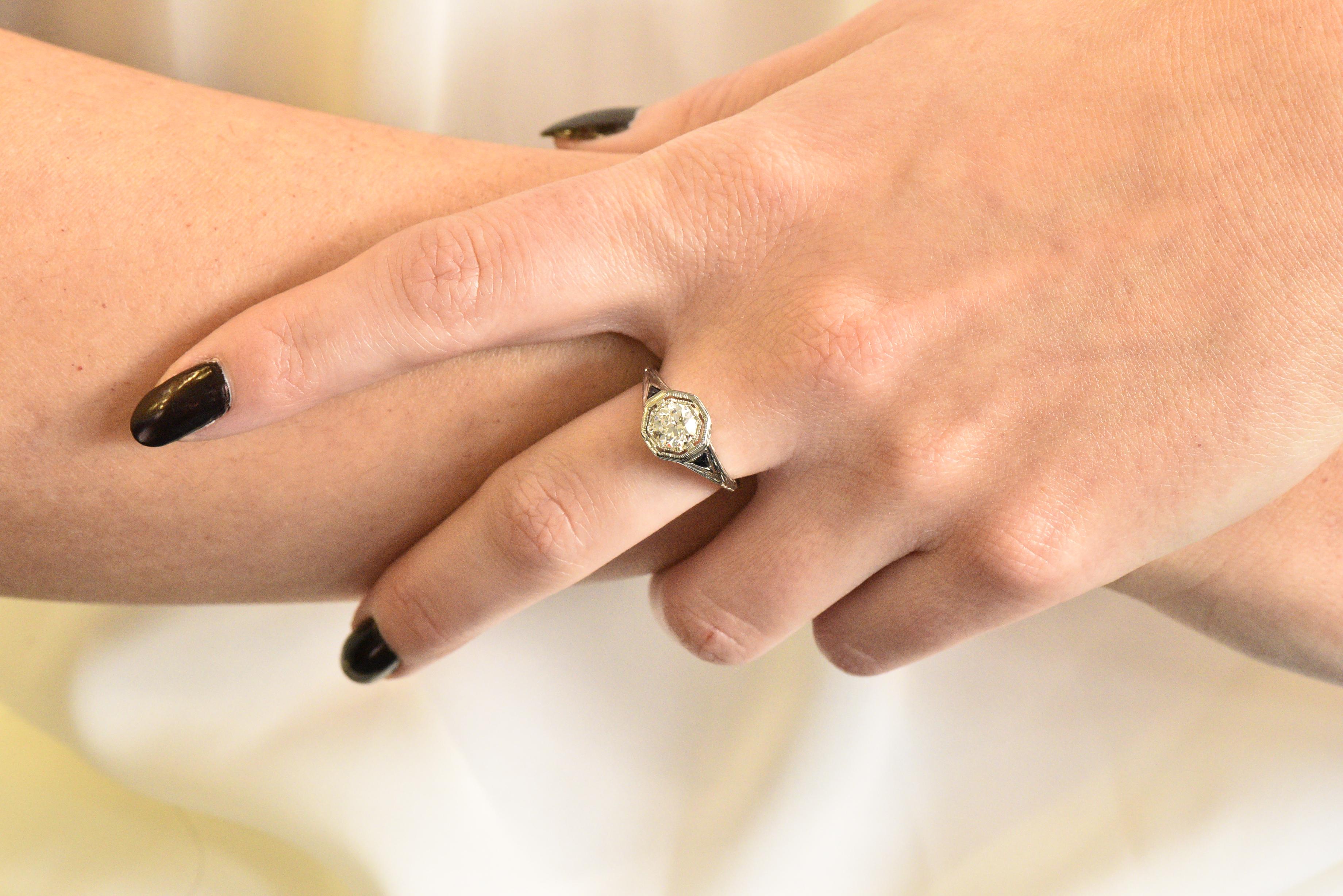 Art Deco 0.69 Carat Diamond Sapphire 18 Karat White Gold Engagement Ring GIA 5