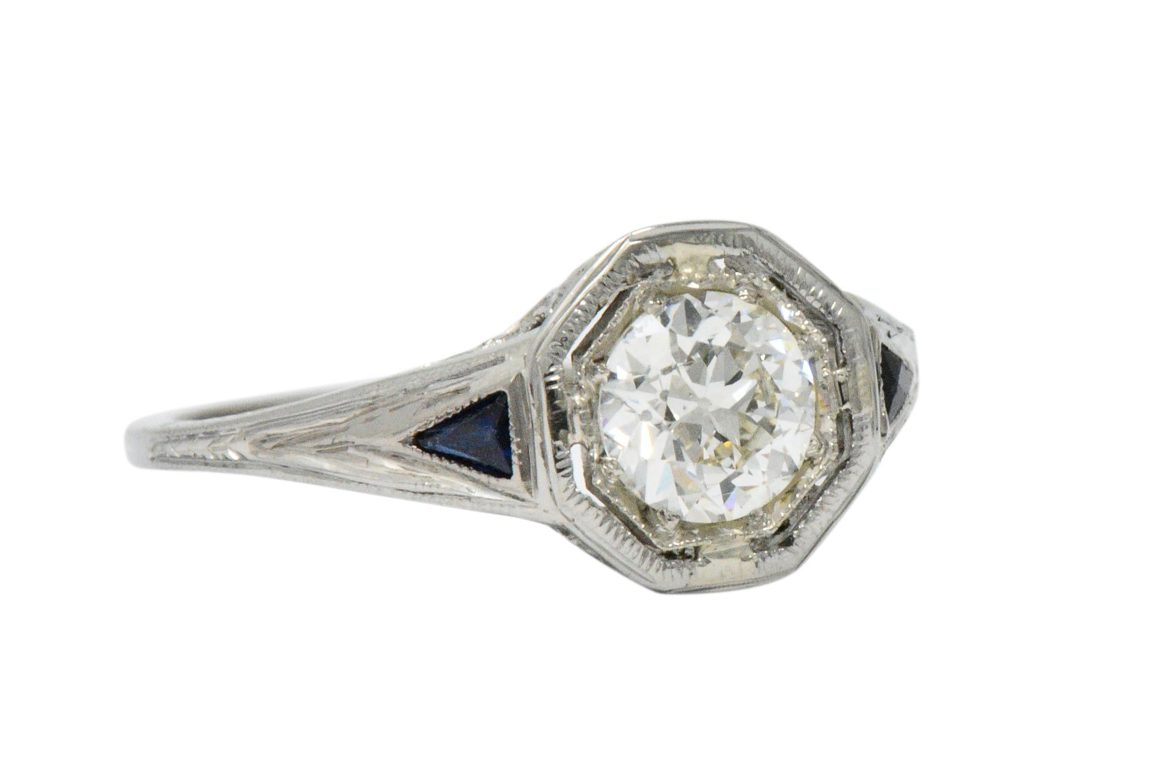 Round Cut Art Deco 0.69 Carat Diamond Sapphire 18 Karat White Gold Engagement Ring GIA