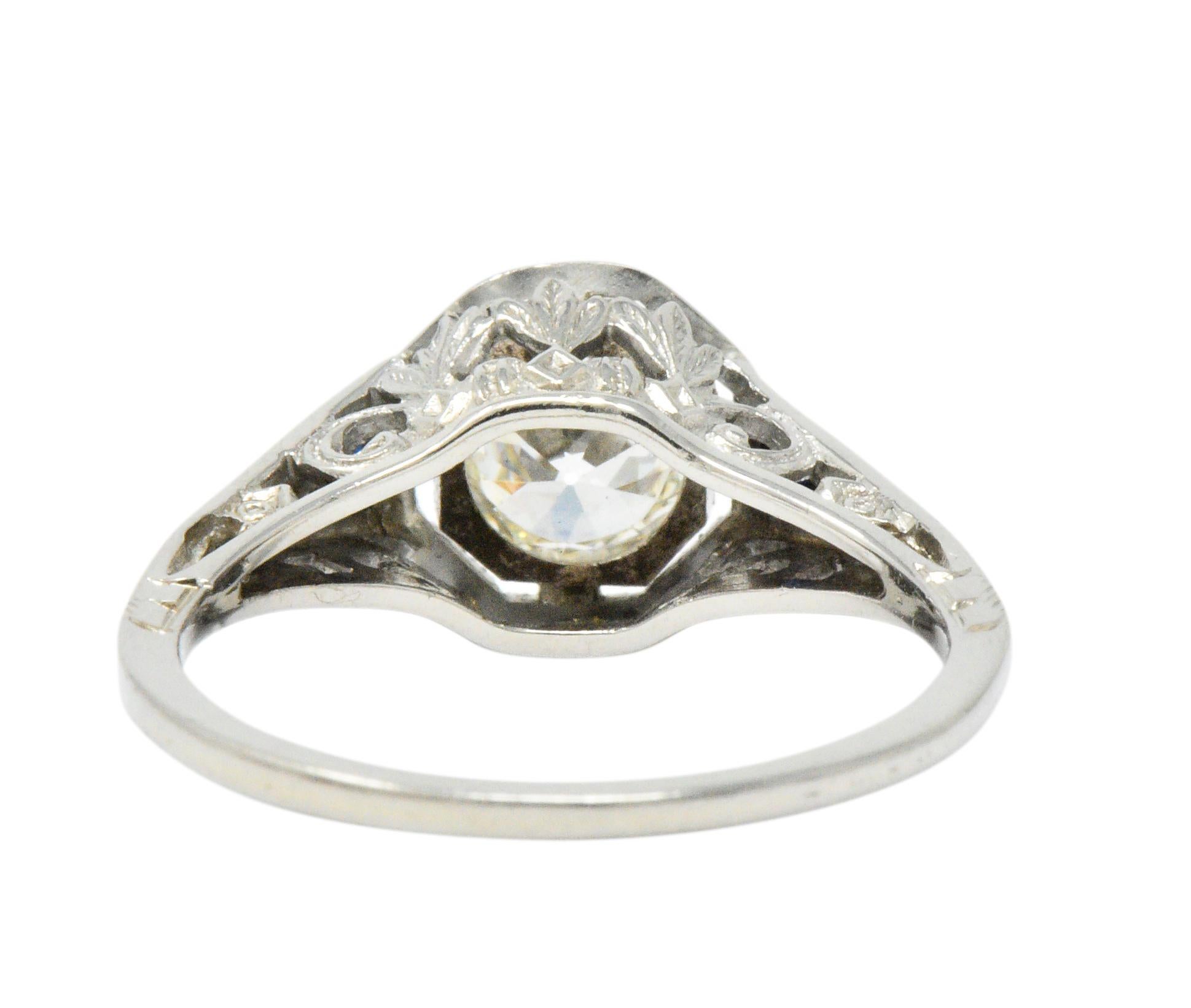 Art Deco 0.69 Carat Diamond Sapphire 18 Karat White Gold Engagement Ring GIA In Excellent Condition In Philadelphia, PA