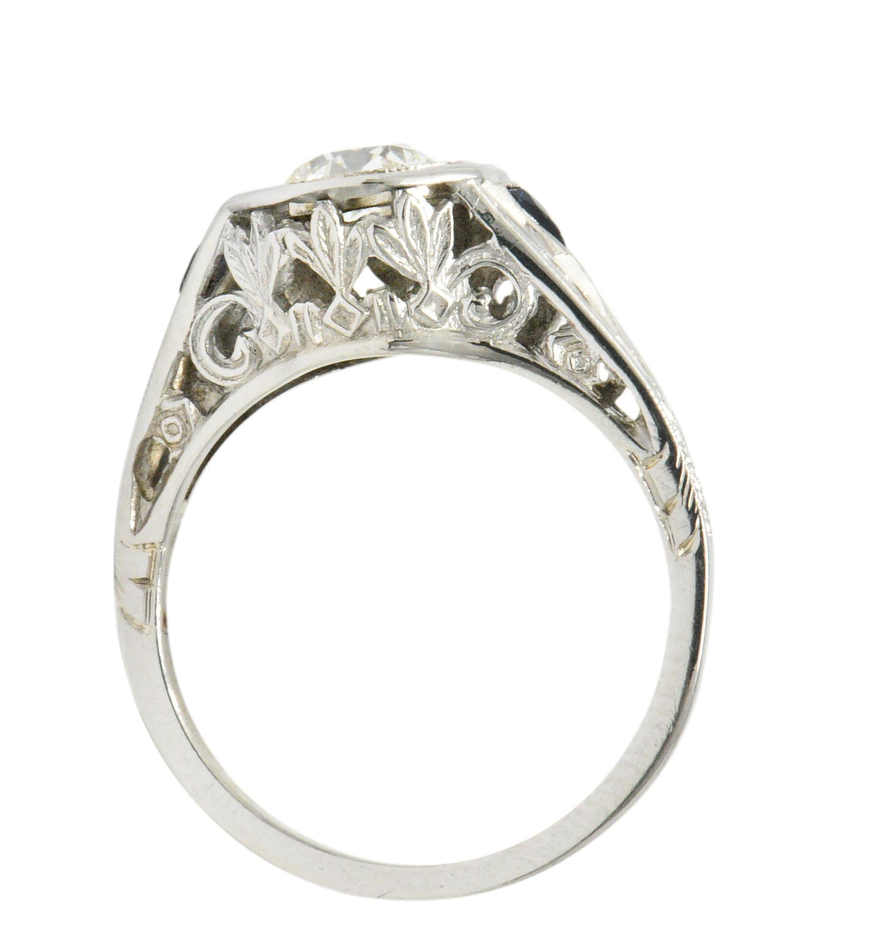 Women's or Men's Art Deco 0.69 Carat Diamond Sapphire 18 Karat White Gold Engagement Ring GIA