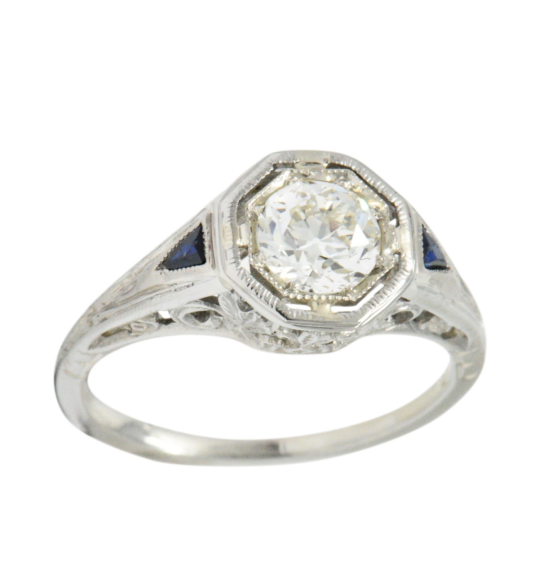 Art Deco 0.69 Carat Diamond Sapphire 18 Karat White Gold Engagement Ring GIA 1