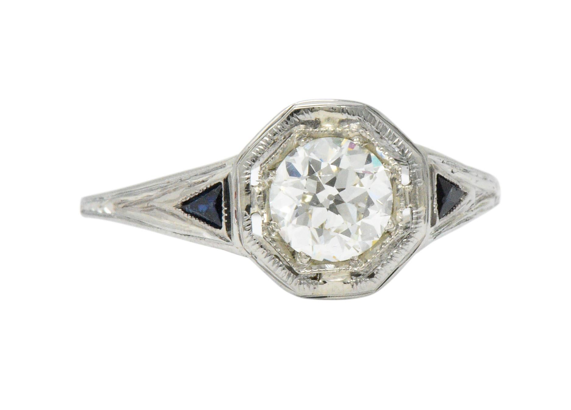 Art Deco 0.69 Carat Diamond Sapphire 18 Karat White Gold Engagement Ring GIA 2