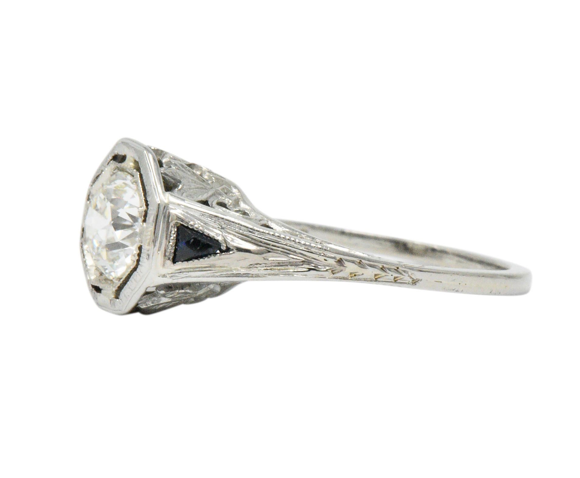 Art Deco 0.69 Carat Diamond Sapphire 18 Karat White Gold Engagement Ring GIA 3