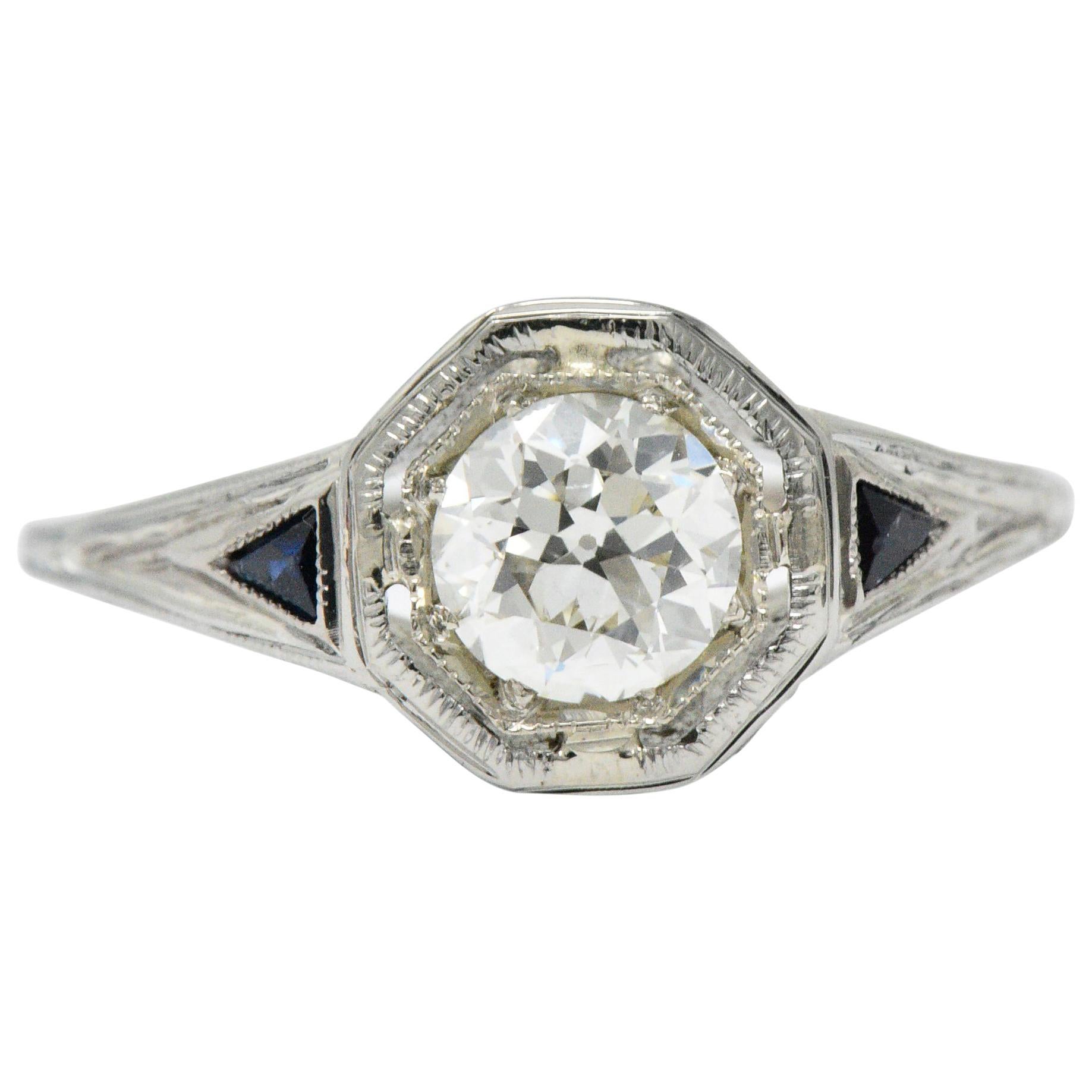 Art Deco 0.69 Carat Diamond Sapphire 18 Karat White Gold Engagement Ring GIA