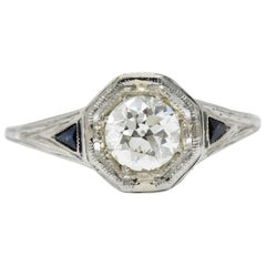 Art Deco 0.69 Carat Diamond Sapphire 18 Karat White Gold Engagement Ring GIA