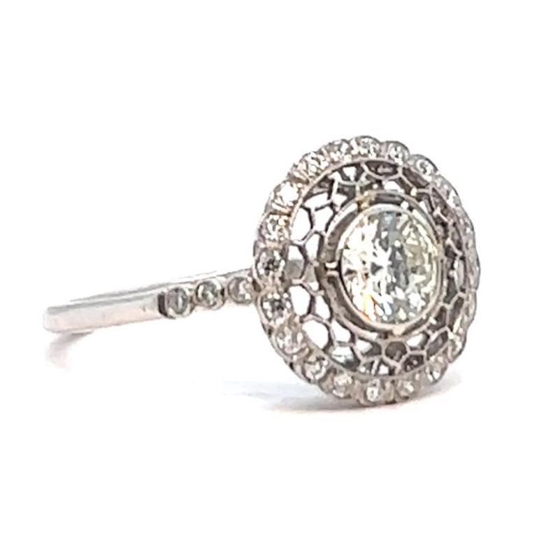 Women's or Men's Art Deco Style 0.70 Carat Diamond Platinum Halo Filigree Ring For Sale