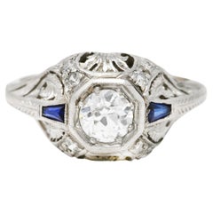 Art Deco 0.70 Carat Diamond Sapphire Platinum Foliate Engagement Ring