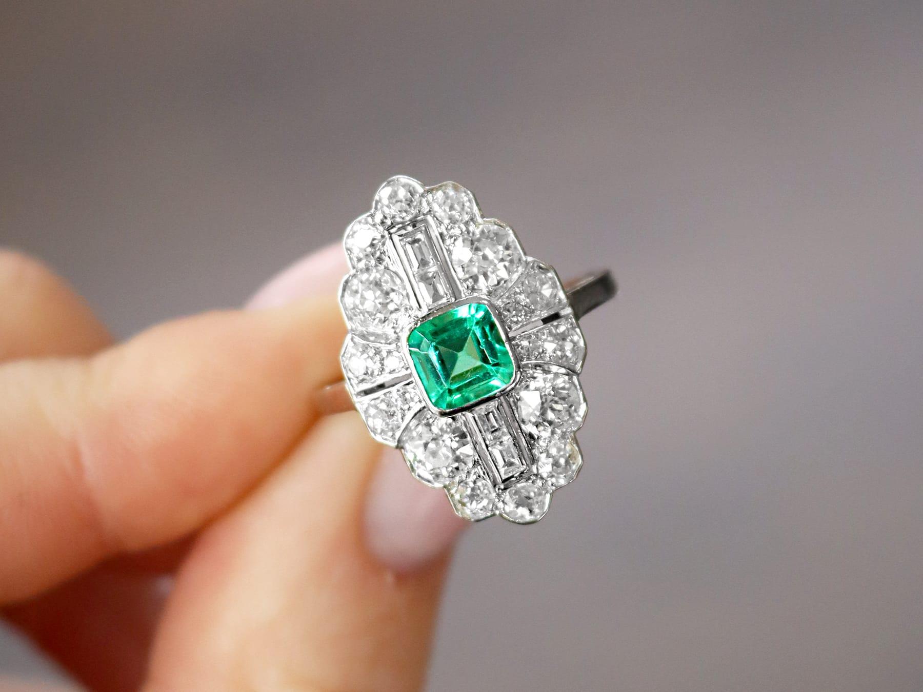 Octagon Cut Art Deco 0.70 Carat Emerald and 2.42 Carat Diamond, Platinum Ring Circa 1930 For Sale