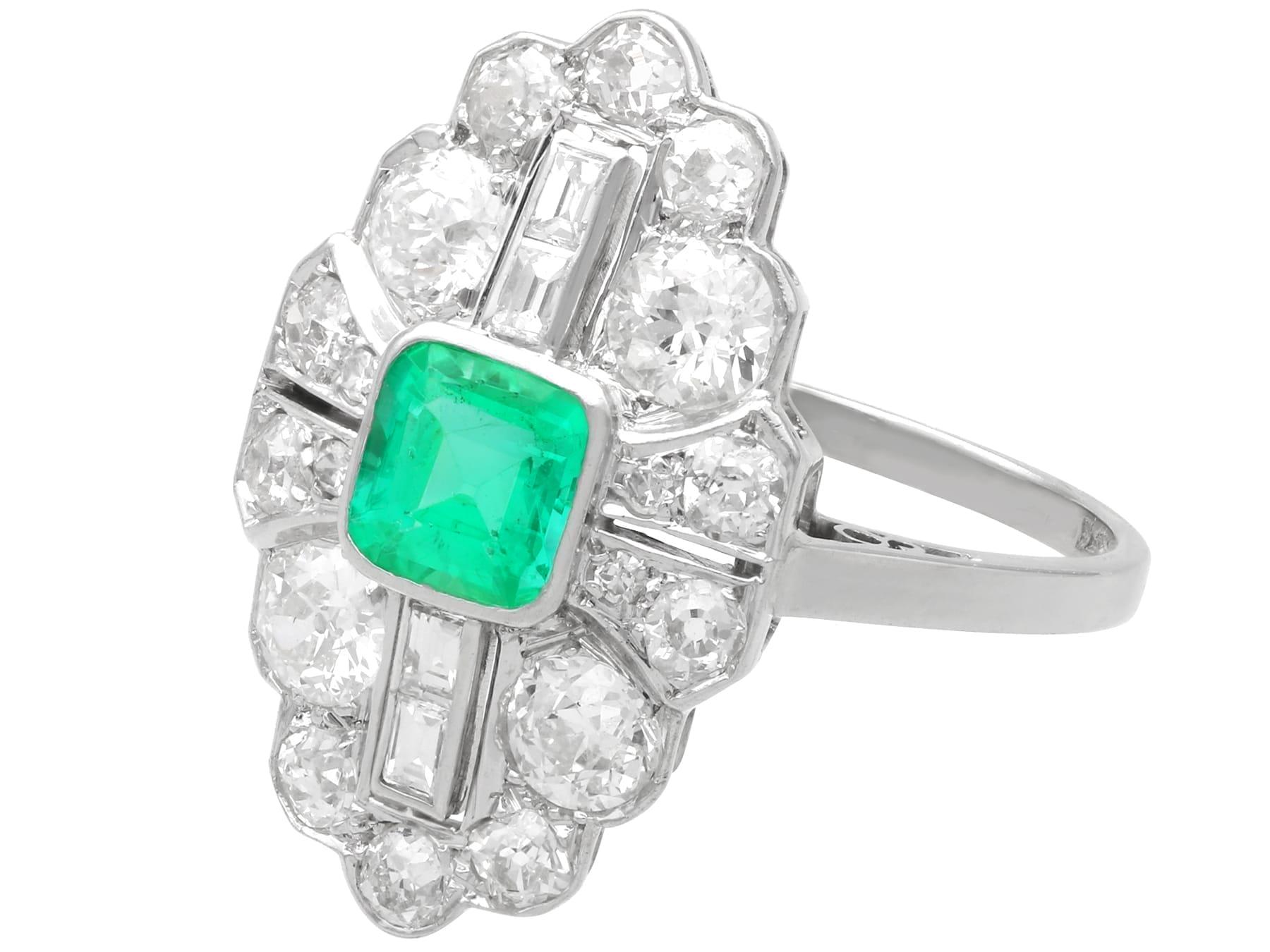 Women's or Men's Art Deco 0.70 Carat Emerald and 2.42 Carat Diamond, Platinum Ring Circa 1930 For Sale