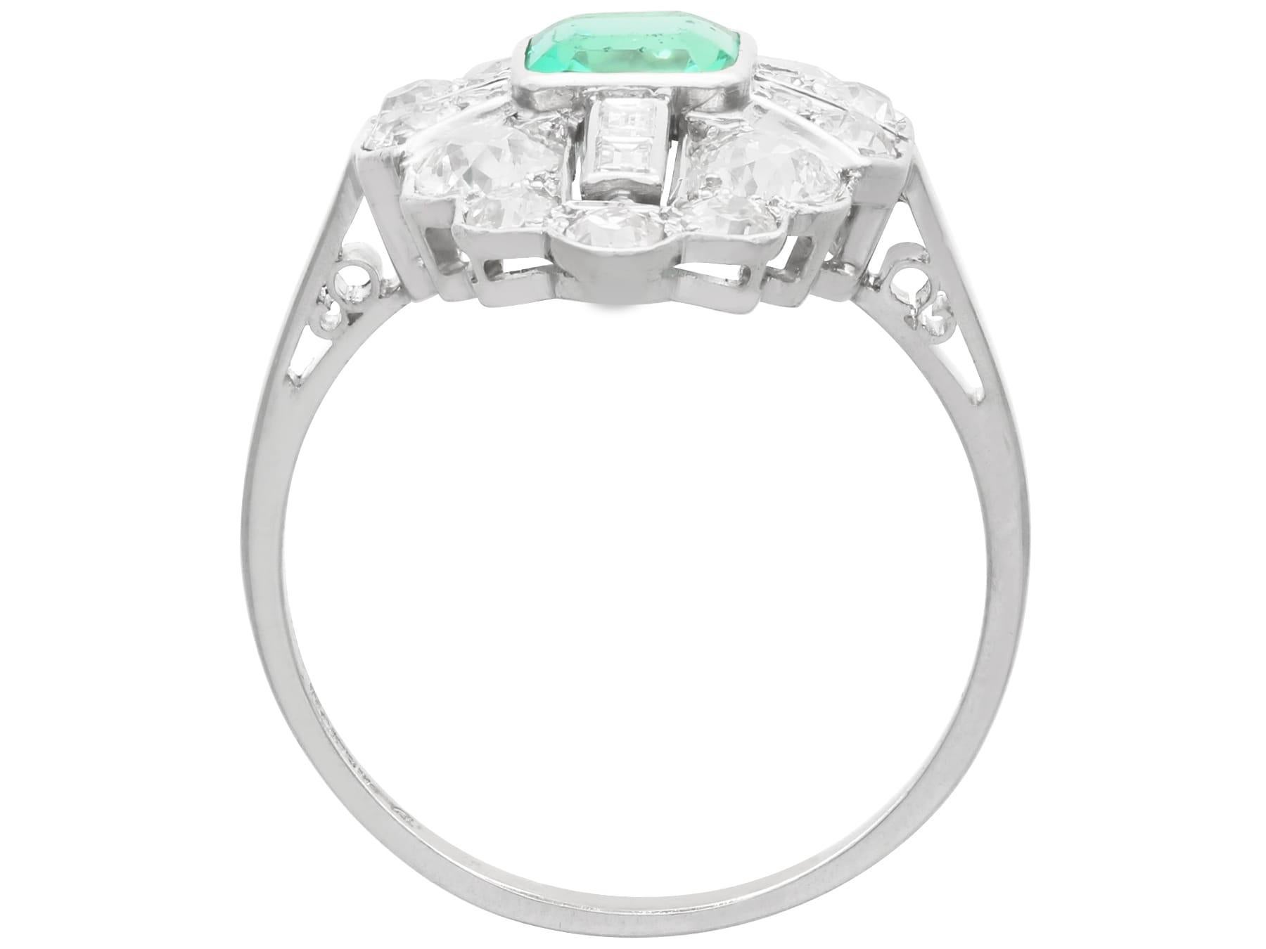 Art Deco 0.70 Carat Emerald and 2.42 Carat Diamond, Platinum Ring Circa 1930 For Sale 2
