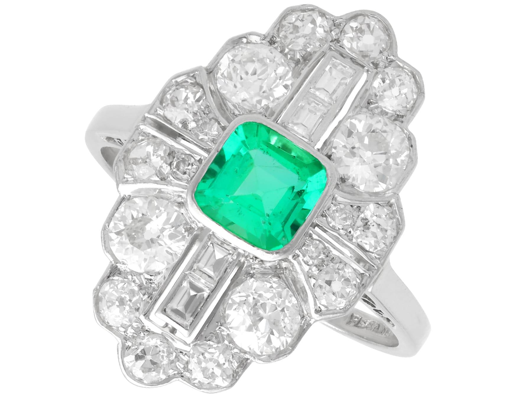 Art Deco 0.70 Carat Emerald and 2.42 Carat Diamond, Platinum Ring Circa 1930 For Sale
