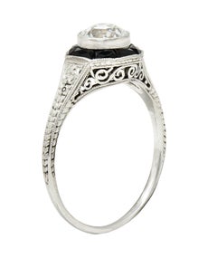 Art Deco 0.70 Carat Old European Cut Diamond French Cut Onyx Halo Scroll Ring