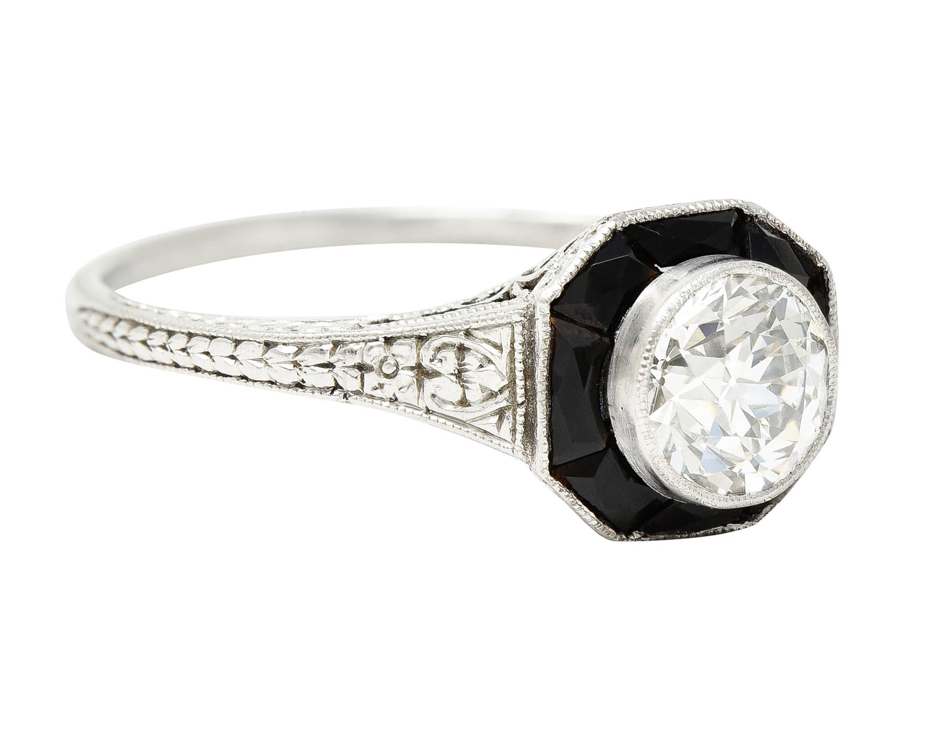 Art Deco 0.70 Carat Old European Cut Diamond French Cut Onyx Halo Scroll Ring In Excellent Condition In Philadelphia, PA
