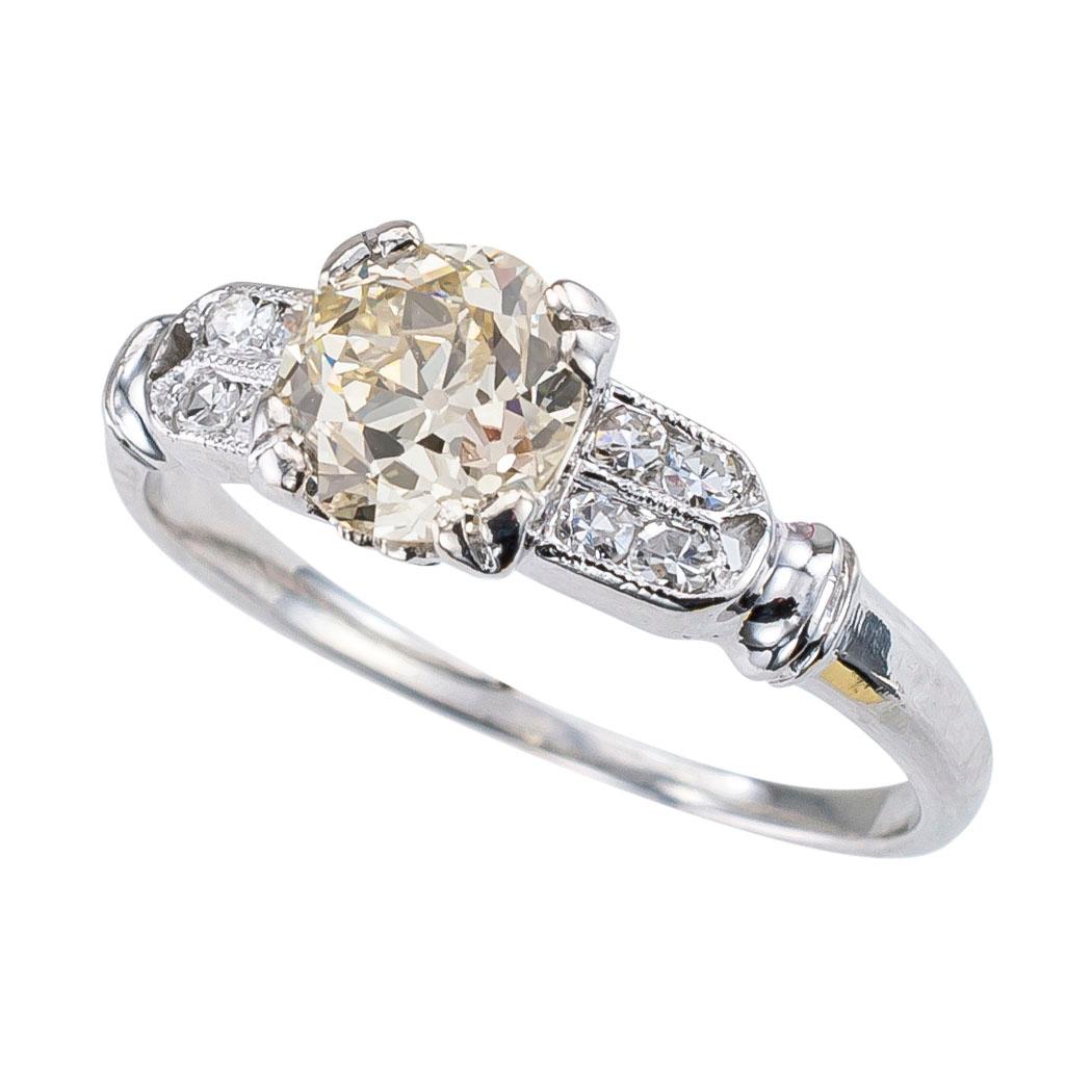 Art Deco 0.70 carat old European cut diamond lite yellow color VS clarity diamond solitaire and platinum engagement ring circa 1930 ring size 4 ¾.  This is a genuine Art Deco diamond engagement ring with which you can impress that special lady in