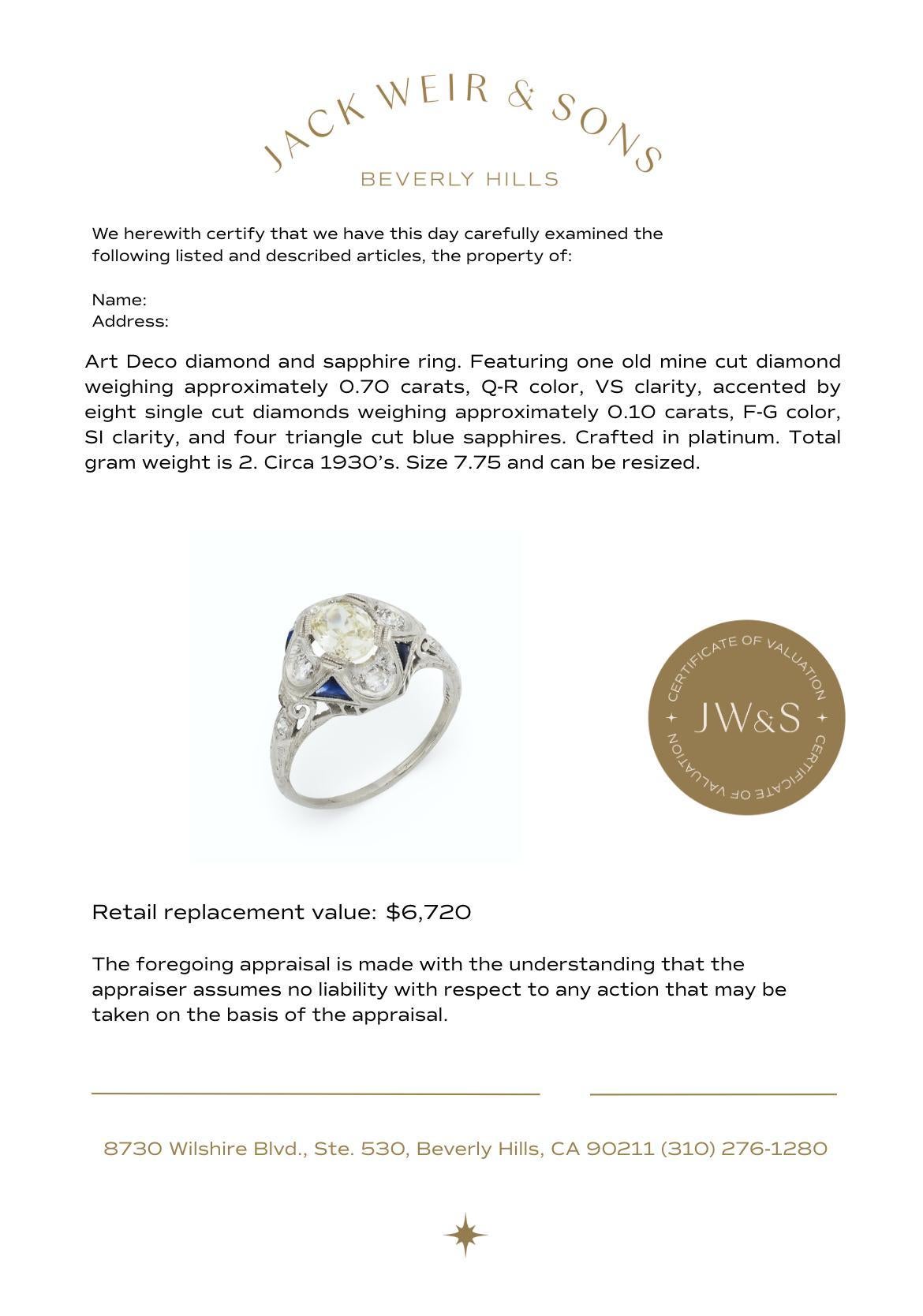 Anello di fidanzamento Art Deco in platino con zaffiro e diamante taglio old mine da 0,70 carati in vendita 2