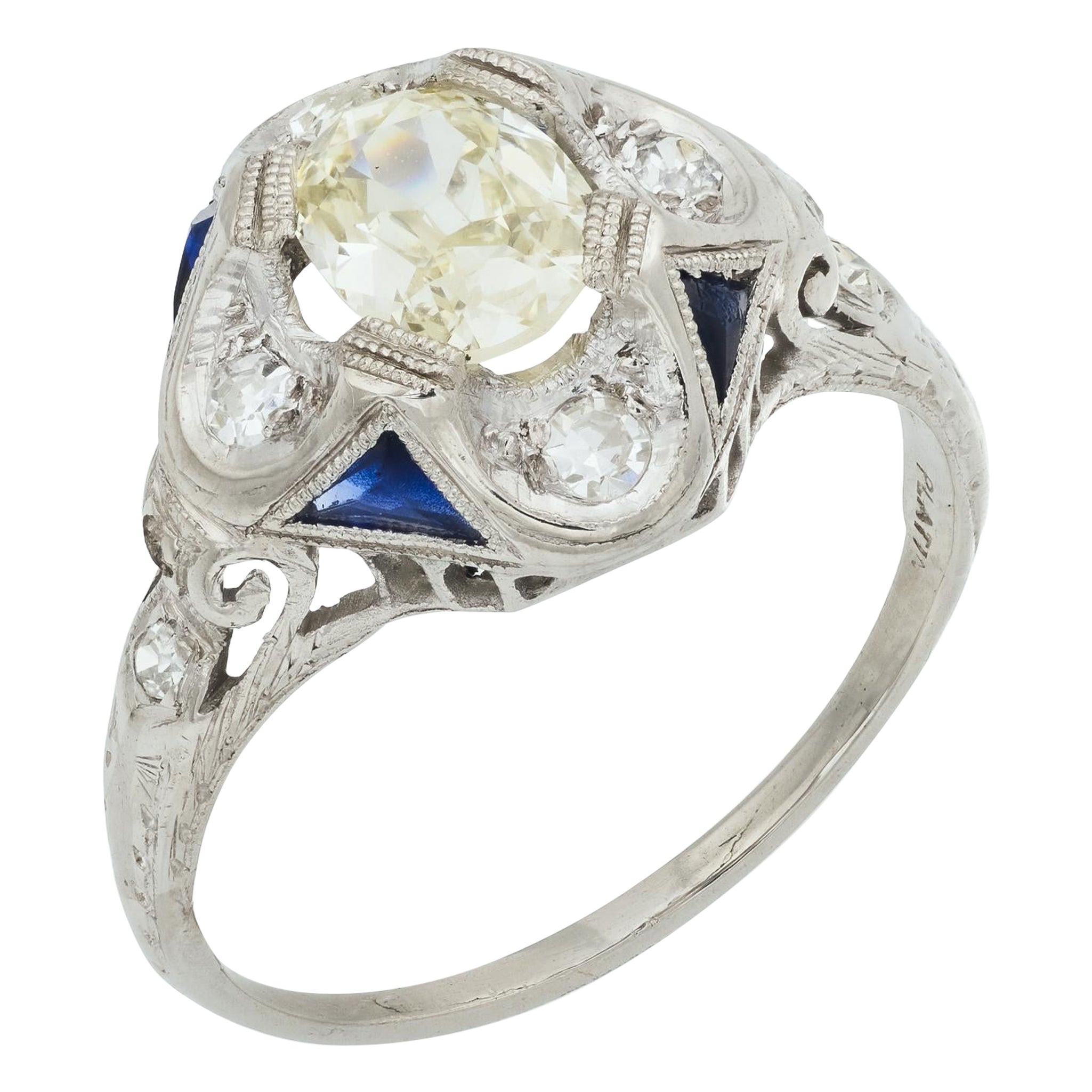 Bague de fiançailles Art déco 0,70 carat diamant taille mine ancienne saphir platine